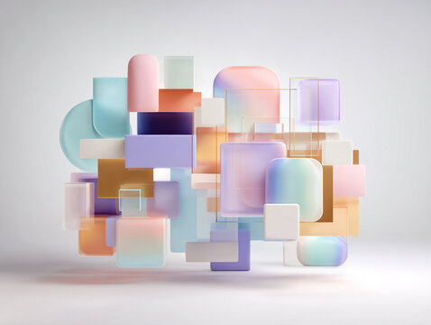 Abstract geometric shapes in pastel colors floating over white background, 3D render