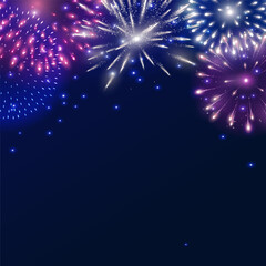 Vector shiny fireworks explosions. Pink, white and blue firecrackers. Holiday decoration for 4th of July, Christmas and New year party. Festive background for birthday invitations, wedding, diwali.