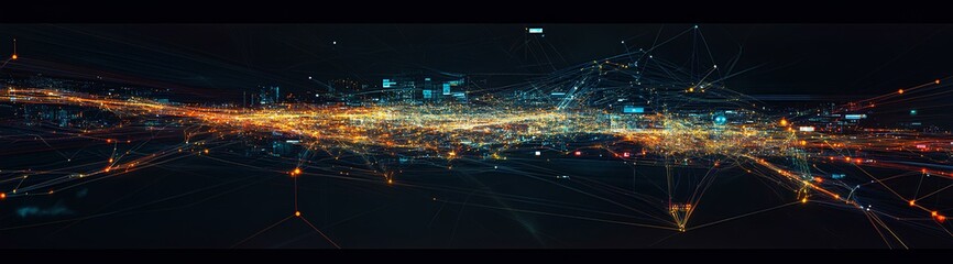Obraz premium Vibrant network of lights showcasing a bustling city skyline at night, illustrating the connectivity and energy of urban life through technology and infrastructure