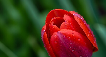 Red Tulip with Water Droplets Close-Up