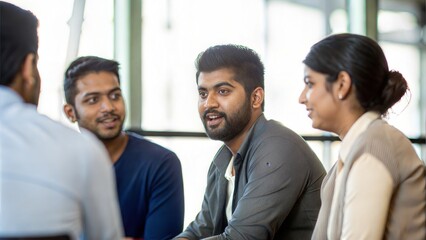 Obraz premium Group of Indian colleagues exchanging feedback during a business development meeting 