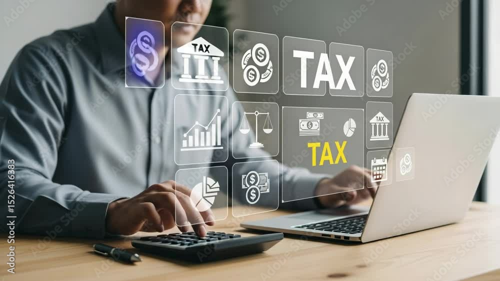 Aufkleber man calculates taxes using laptop and calculator with financial icons overlaying the screen