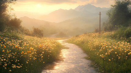 Golden Hour Meadow 3D Illustration