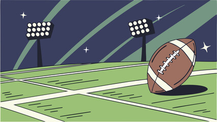 Stylized football on green field under stadium lights at night  