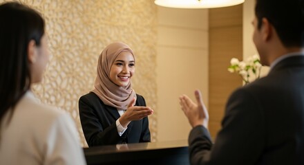 Hijabi receptionist greets guests warmly at hotel
