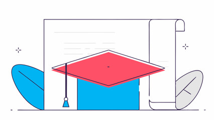 Graduation cap and diploma scroll on blue background with leaves  
