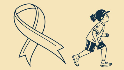 Young girl running next to awareness ribbon in minimalistic style  