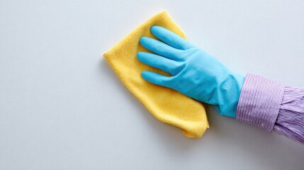 Hand Wearing Protective Glove Cleaning Wall With Cloth