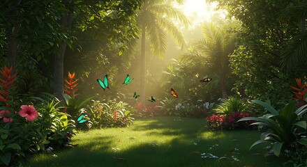 Sunlit Forest With Butterflies and Flowers