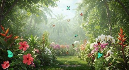 Lush Tropical Garden Path with Butterflies and Sunlight
