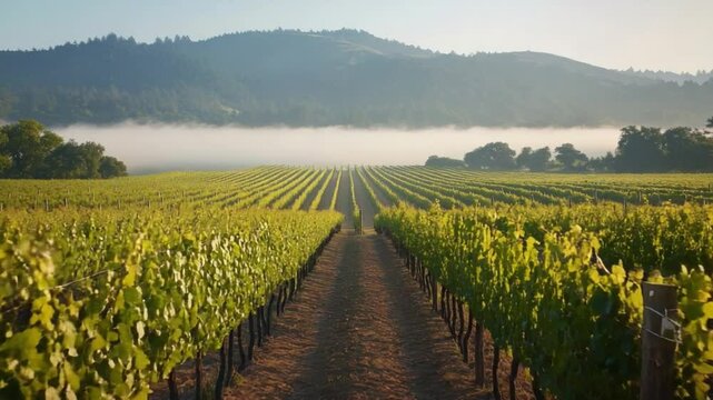 Vineyard Rows: A breathtaking landscape unfolds before the viewer, where neatly aligned rows of grapevines stretch into the distance, kissed by morning mist, under a serene sky.