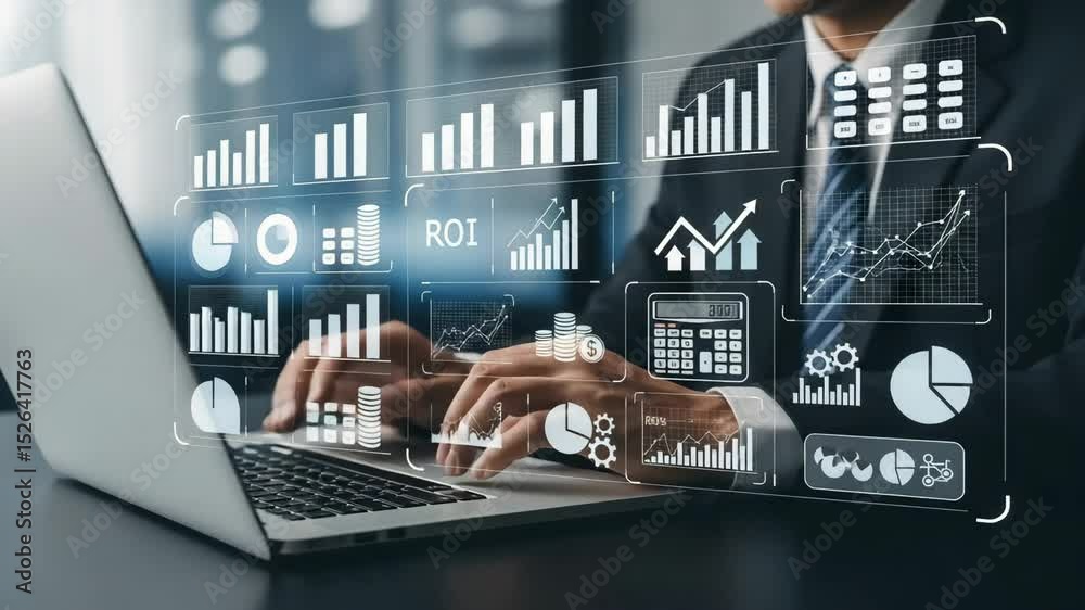 Poster businessman typing on laptop with financial data and roi graphics overlaying the screen display