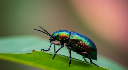 Iridescent Beetle on Green Leaf Macro Photography