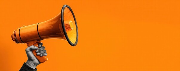 Vibrant Megaphone Held High Against Orange Background Capturing Attention and Amplifying Messages in Modern Communication
