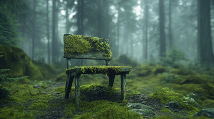 An old wooden chair covered in vibrant moss abandoned in a forest background