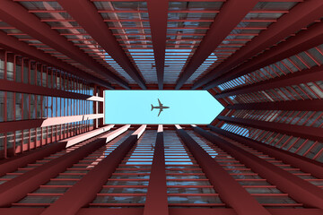 Airplane flying over modern red building seen from inside courtyard © Cagkan