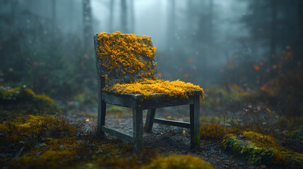 An old wooden chair covered in vibrant moss abandoned in a forest background