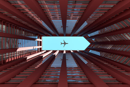 Airplane flying over modern red building seen from inside courtyard