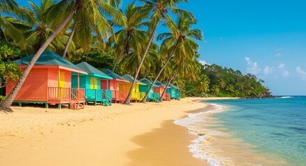 Vibrant Beach Huts and Palm Trees on Sunny Shore