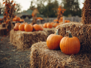 Autumn pumpkin patch with ripe pumpkins and hay bales, harvest festival atmosphere