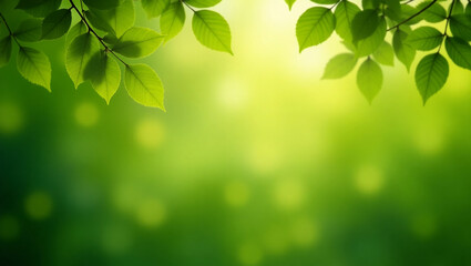 Naklejka premium Green natural bokeh background with soft sunlight coming through the foliage. Background