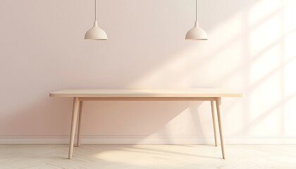 Minimalist interior with wooden table and two hanging lamps against a light pink wall