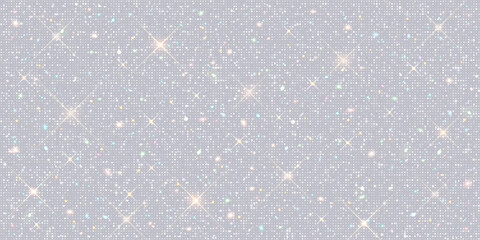 Seamless glitter texture. Shiny starry background with light sparkles. Bright festive surface with glittering  sparks. Realistic vector illustration.