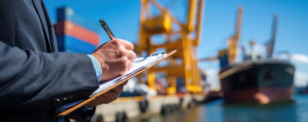 Business Professional Taking Notes with Shipping Containers in Background at Busy Port