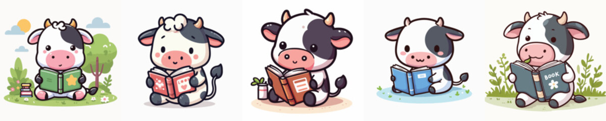 cute cow vector reading a book