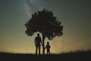 Father and Child Silhouetted Under Starry Sky Beside Tree