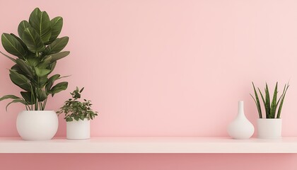 Interior decor with plants and vase on shelf against a pink wall in a minimalist style setup