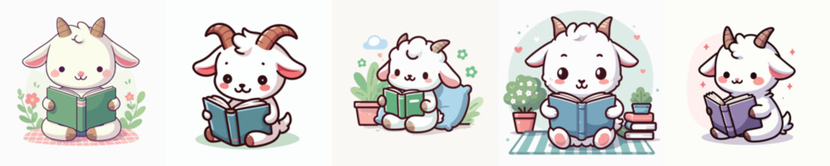 cute goat vector reading a book