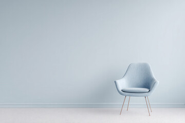 minimalist photograph featuring single pastel blue chair in center of bright room