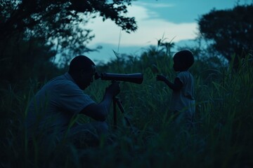 Father and Child Stargazing Together in a Moonlit Landscape