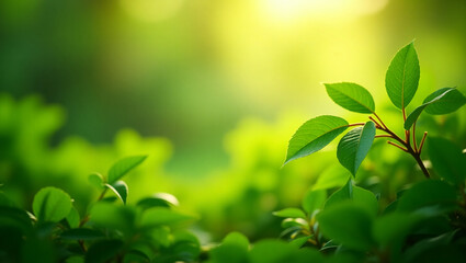 Obraz premium Green natural bokeh background with soft sunlight coming through the foliage. Background