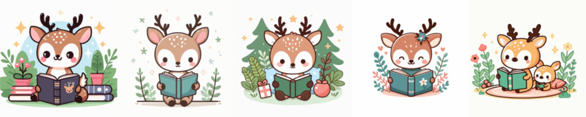 cute deer vector reading a book