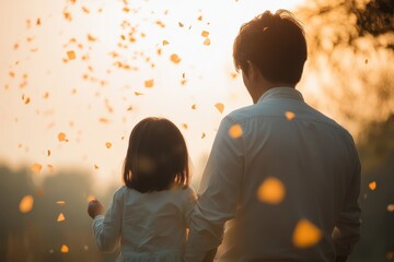 Father and Daughter Enjoying a Magical Moment with Falling Petals