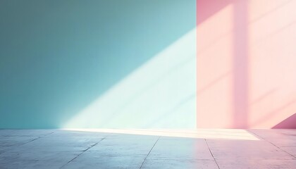 Abstract interior with pastel walls and sunlight casting shadows across the floor surface