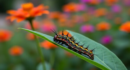 Colorful Caterpillar on Green Leaf Amidst Orange and Pink Flowers