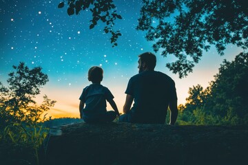 Father and Son Sitting Together Under Starry Sky at Dusk