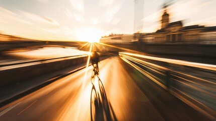 Cyclist rides into sunset with dynamic motion blur over a glowing city bridge. AI-generated.