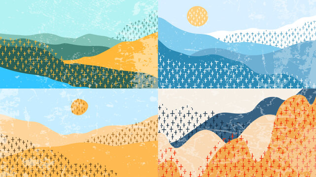 Vector illustration. Hand drawn backgrounds set with marker strokes. Hills with clear sky. Doodle childish landscape with line pattern shapes. Design for horizontal web banner, panoramic wallpaper
