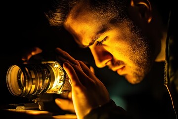 Focused Photographer Capturing Image with Vintage Camera Equipment