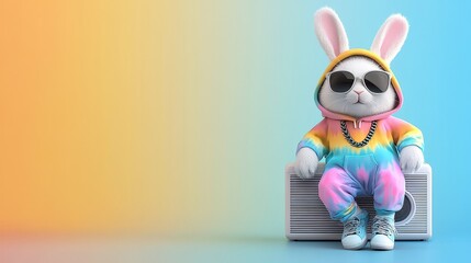 Fototapeta premium A stylish rabbit in sunglasses and a colorful hoodie relaxes on an air conditioner against a vibrant gradient background.