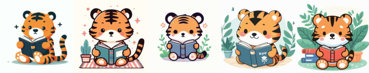 cute tiger vector reading a book