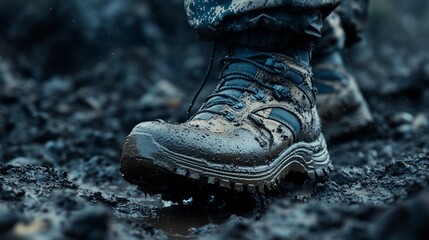 Muddy boots on a rugged terrain.  Close-up of military-style hiking boots stepping through a muddy puddle