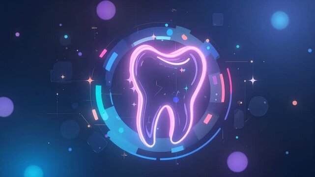 Neon tooth icon in digital style with colorful background elements  