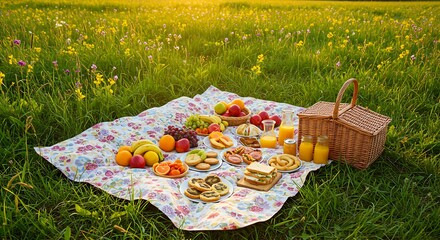 Summer Picnic on a Vibrant Floral Meadow