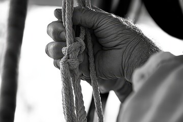Hand Holding Knot in Rope with Textures and Details in Black and White