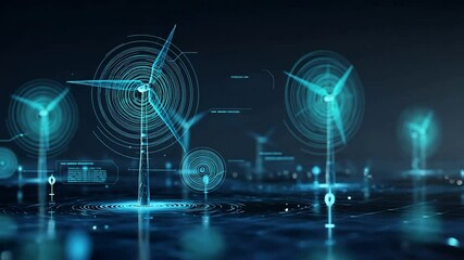 Glowing Blue Digital Wind Turbines on Dark Background - Powered by Adobe